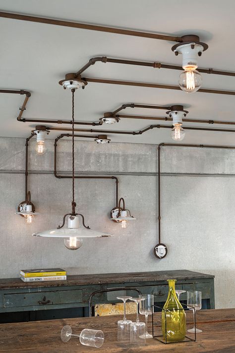 Industrial Ceiling Lamp, High Ceiling Lighting, Lamp Pipes, Industrial Cafe, Tower Light, Ingo Maurer, Industrial Ceiling Lights, Industrial Ceiling, Plafond Design