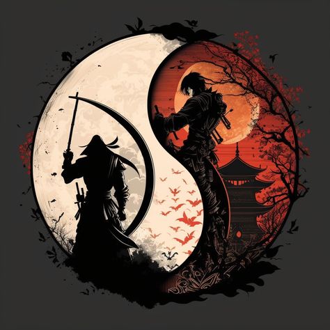 Jing Y Jang, Ying Yang Art, Japanese Art Samurai, Yin Yang Art, Samurai Wallpaper, Samurai Artwork, Japanese Art Prints, Japon Illustration, Samurai Art