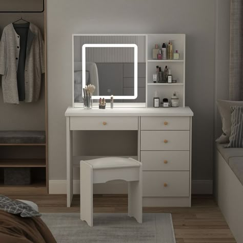 Vanity Table Ideas Minimalist, Makeup Table Ideas Bedrooms, White Vanity Set, Bedroom Vanity Set, Minimalist Vanity, Makeup Vanity Set, Dressing Table Design, Vanity Table Set, Light Mirror