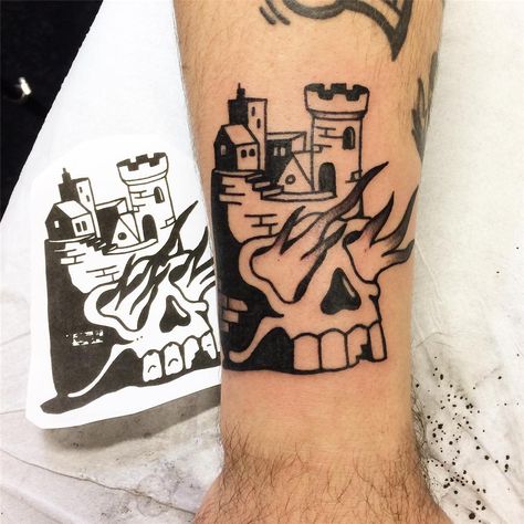 Burning Castle Tattoo, Burning Skull Tattoo, Traditional Castle Tattoo, Traditional Skulls, Burning Castle, Black Flash Tattoos, Burning Skull, Tramp Stamps, Castle Tattoo