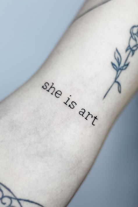 She Is Art Tattoo Font, She Is Art Tattoo Ideas, She Is Art Tattoo, Small Dog Tattoos, P Tattoo, Tattoo Font, E Tattoo, Tattoo Feminina, Aesthetic Tattoo