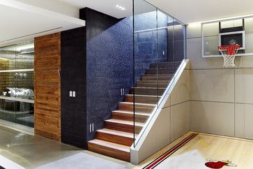 Walnut Staircase, Indoor Sports Court, Home Basketball Court, Backyard Basketball, Contemporary Family Room, Basketball Room, Contemporary Staircase, Indoor Basketball Court, Basketball Courts