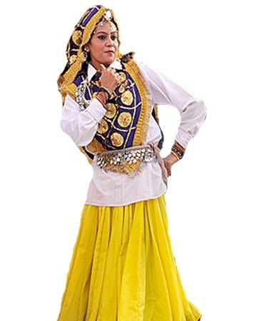 Daman-Kurti-Chunder-Woman-Dress-in-Haryana Haryanvi Dress, Vedic Period, Folk Dance Costume, Culture Illustration, Folk Culture, Fruit Cartoon, Yellow Silk, Folk Dance, Woman Dress