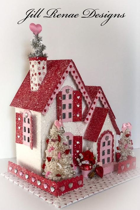 Valentine Putz House Red and White Tudor | Etsy Valentine Vignette, Valentine Decor Ideas, Valentine House, Valentine Scrapbook, Christmas Assemblage, Vintage Valentine Crafts, Handmade Valentine Gifts, Cardboard Houses, Vintage Sweets