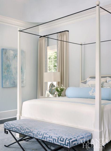 In the master bedroom, a David Iatesta bed features bedding from Leontine Linens. The drapery fabric is JAB and the trim is Travers. The abstract is by Blayne Macauley at Anne Irwin Fine Art. Sunroom Seating, Bedroom Remodel Ideas, Leontine Linens, Room Wall Colors, Bedroom Remodel, Four Poster, Poster Bed, Atlanta Homes, Traditional Living