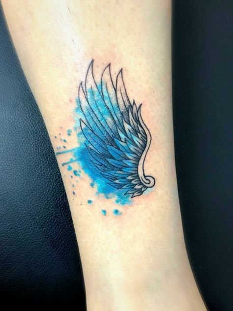 Blue Wings Tattoo, Blue Angel Tattoo, Watercolor Wings Tattoo, Blue Angel Wings Tattoo, Color Wings Tattoo, Blue Watercolor Tattoo, Angel Watercolor, Cross With Wings Tattoo, Heart With Wings Tattoo