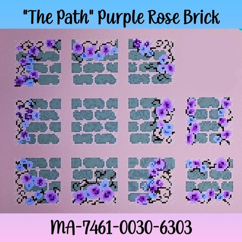 Brick pattern, purple, roses Witch Core Acnh Codes, Lavender Animal Crossing, Path Codes Acnh, Acnh Island Layouts, Acnh Purple, Pathways Ideas Walkways, Animal Crossing Entrance Ideas, Pathway Lighting Ideas, Landscaping Pathways