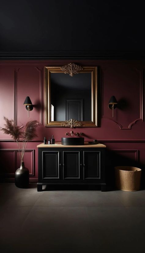 15+ Gorgeous Burgundy Bathroom Ideas for a Luxurious Look 44 Burgundy Office Decor, Burgundy Bathroom Ideas, Dark Red Bathroom, Maroon Bathroom, Burgundy House, Plum Bathroom, Burgundy Bathroom, Bathroom Paint Ideas, Burgundy Room