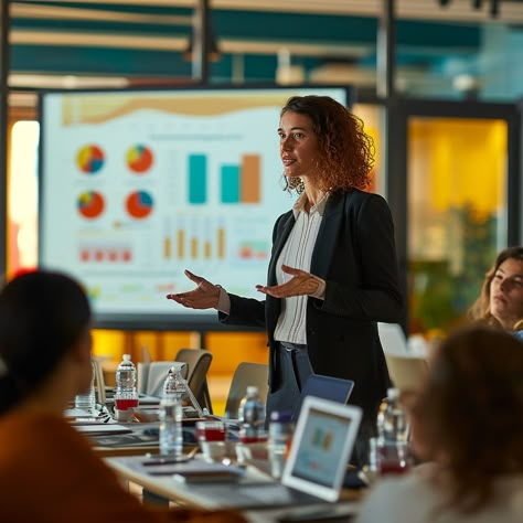 Business Presentation Insights: An enthusiastic professional presents colorful data charts to attentive audience members during a business meeting. #presentation #business #professional #meeting #conference #audience #speaker #woman #aiart #aiphoto #stockcake https://ayr.app/l/bXBa Business Communication Pictures, Woman Giving Presentation, Woman Presentation, Woman Conference, Woman Speaking, Profesional Photography, Durjoy Datta, English Presentation, Building Social Media