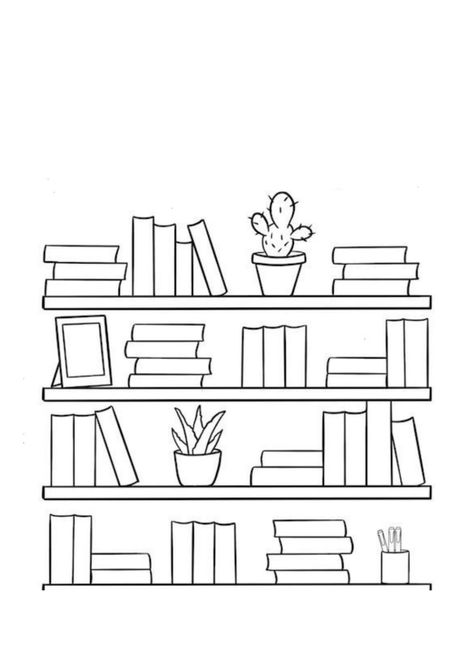 Shelf With Books Drawing, Bookshelves Drawing Sketches, Reading Doodles Drawings, Cute Bookshelf Drawing, Aesthetic Bookshelf Drawing, Book Sketches Doodles, Bookshelf Outline, Book Shelves Drawing, Cartoon Book Drawing