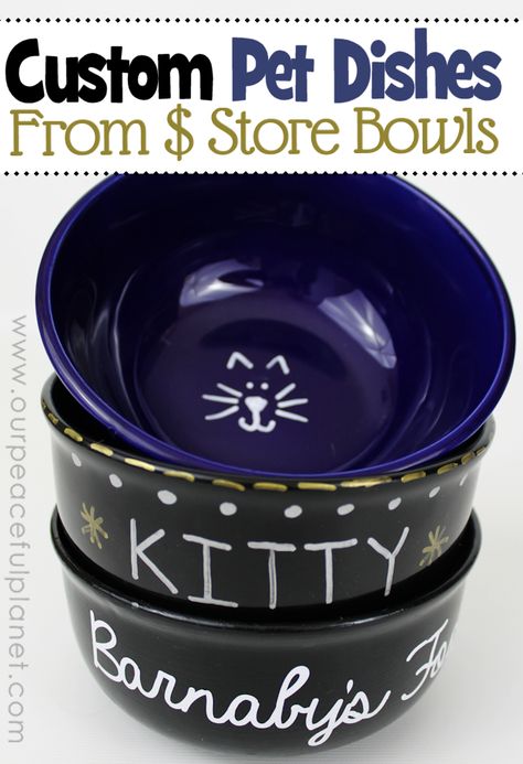 Make some quick personalized dog bowls from Dollar Store ceramic dishes! You can easily label them or paint them with your dog or cats name. Very classy! Cats Name, Personalized Dog Bowls, Raised Dog Bowls, Diy Bowl, Budget Crafts, Artificial Christmas Garland, Cat Dishes, Cat Names, Dollar Store Crafts