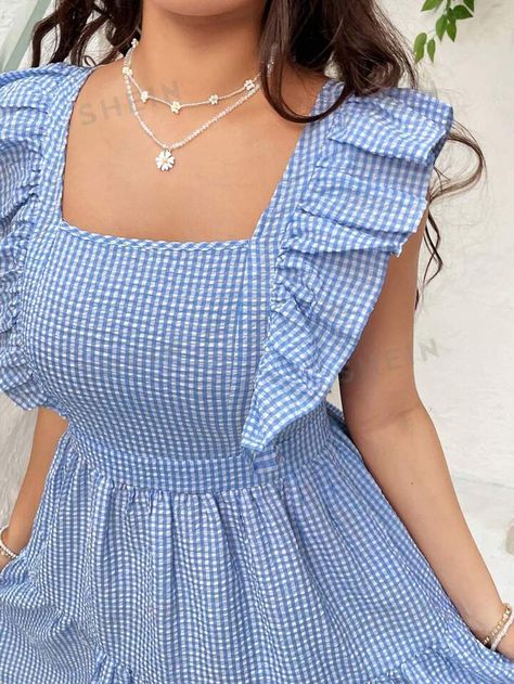 SHEIN WYWH Women's Checkered Ruffle Hem Vacation Dress | SHEIN USA Trending Frocks For Women, Trendy Dresses 2024 Party, New Frock Design 2024, Check Dresses For Women, Ladies Frock Design, Ladies Wear Dresses, Frocks For Women, Maxi Dress Styles, Dress Designs For Stitching