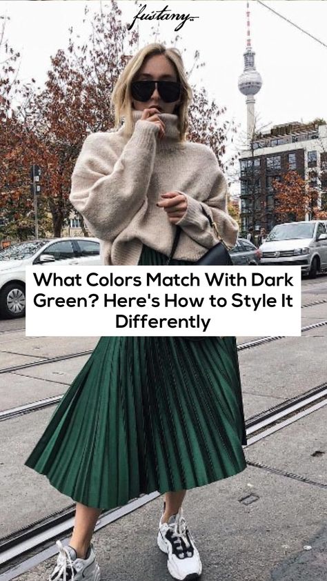 What Colors Match With Dark Green? Here's How to Style It Differently Winter Green Skirt Outfit, Dark Green Midi Skirt, Color That Goes With Green Outfit, How To Style A Dark Green Shirt, Green Midi Skirt Outfit Fall, Color That Matches Green, Dark Green And Cream Outfit, Green Dress Autumn Outfit, Dark Green Skirt Outfit Summer