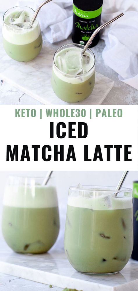 This easy recipe for Iced Matcha Latte is a Starbucks copycat recipe that is also low carb and keto friendly. It’ll show you how to make a healthy latte with quality matcha powder, dairy free milk and no refined sugar. Omit any sweetener for a Whole30 compliant matcha latte. Matcha With Almond Milk, Keto Matcha Latte, Matcha Almond Milk, Green Tea Latte Recipe, Winter Beverages, Matcha Drinks, Matcha Tea Latte, Matcha Recipes, Lassi Recipes