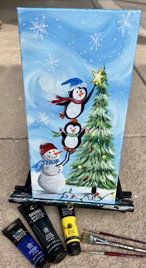 Acrylic Painting Snowman, Cute Christmas Painting Ideas, Christmas Tree Painting Canvases, Christmas Paint Night Ideas, Christmas Paintings Ideas, Cute Christmas Paintings, Christmas Board Decoration, Diy Christmas Canvas, Tall Christmas Tree