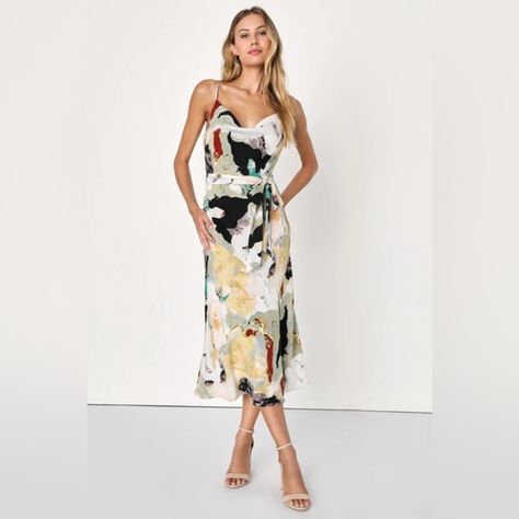 Lulu’s Inspired Aura White Multi Abstract Print Cowl Midi Dress, size M Aura White, Blouses Designs, Abstract Print Dress, Rush Dresses, Lulu Fashion, Dress Slip, Grad Dresses, Feather Dress, Sash Belt