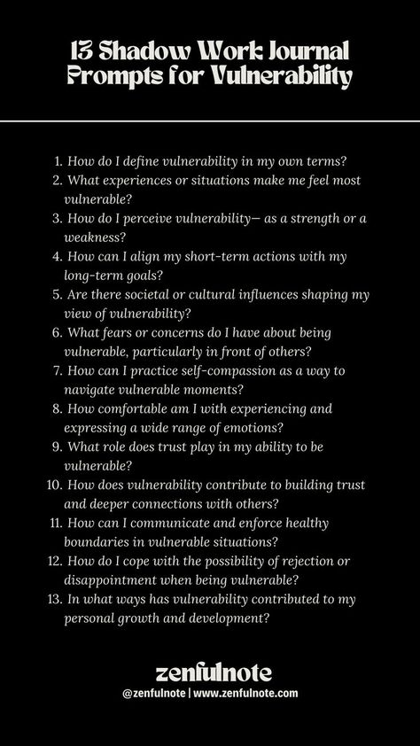 Exploring your relationship with vulnerability is an important aspect of personal growth and connection with others. Exploring vulnerability is an ongoing process, and these questions can serve as a starting point for deeper self-reflection. Embracing vulnerability often leads to more authentic connections, increased resilience, and personal empowerment. Vulnerability Quotes, Shadow Work Journal Prompts, Work Journal Prompts, Shadow Work Spiritual, Mindfulness Journal Prompts, Shadow Work Journal, Journal Questions, Journal Inspiration Writing, Healing Journaling