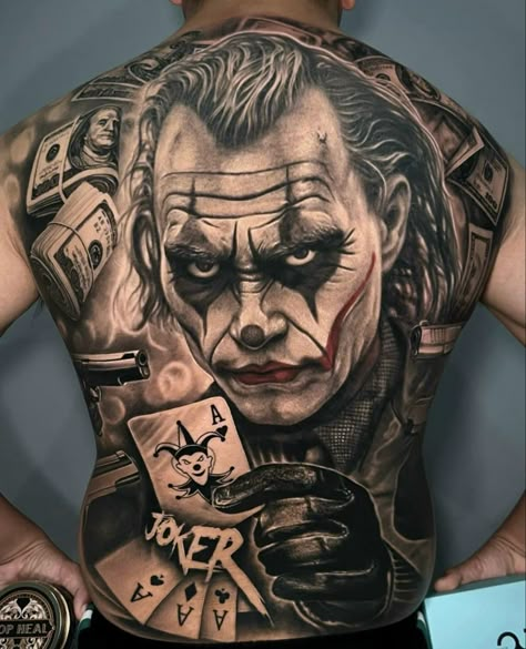 Back Tattoo Men Stencil, Tattoo Collage Ideas, La Style Tattoo, Halloween Back Tattoo, Joker Back Tattoo, Man Back Tattoo, Half Back Tattoo Men, Fullback Tattoo Design, Full Back Tattoo For Men