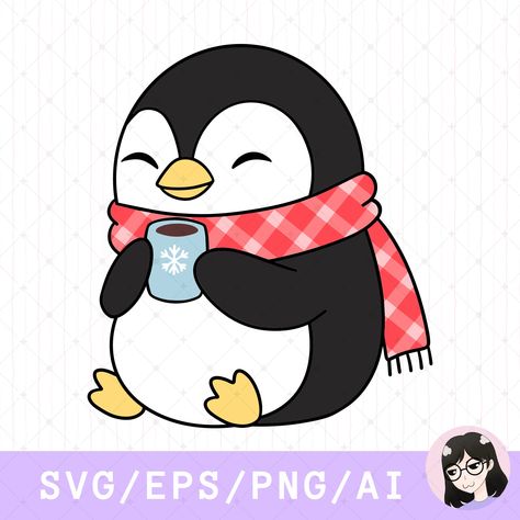 Cute Christmas Penguin Drawing, Penguin Clipart Cute, Clip Art Penguin, Penguin Clipart Black And White, Penguin Christmas Decorations, Christmas Skating, Wearing A Scarf, Kawaii Penguin, Penguin Christmas