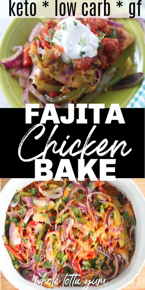 Easy keto chicken fajitas bake, just layer chicken breasts with low carb vegetables, cheese, and seasoning and bake. Makes for the perfect keto chicken dinner recipe, plus it's low carb, gluten free and paleo if you skip the cheese. Keto Chicken Fajita Casserole, Chicken Fajita Bake, Fajita Bake, Low Carb Keto Dinner, Fajita Casserole, Keto Dinner Recipe, Casserole Bake, Chicken Fajita Casserole, Baked Chicken Fajitas