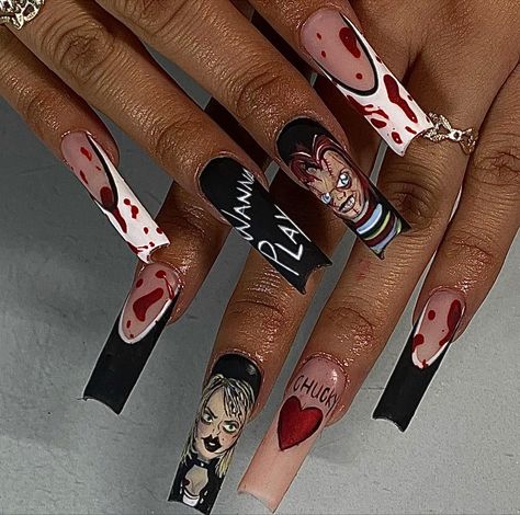 Chucky Nails, Tiffany Nails, Disney Acrylic Nails, Horror Nails, Holloween Nails, Halloween Acrylic Nails, Super Cute Nails, Girly Acrylic Nails, Nails Design With Rhinestones