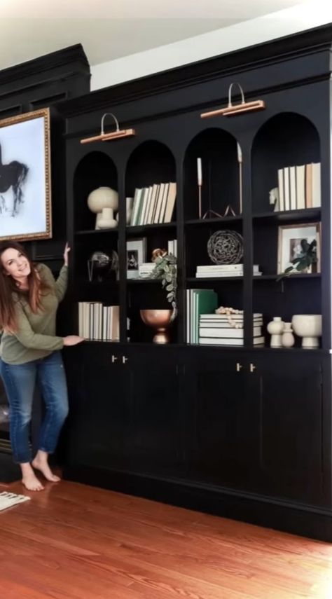 Dark Bookshelves, Painted Built Ins, Black Bookshelves, How To Start Painting, Billy Ikea, Built In Shelves Living Room, Black Bookcase, Painting Walls, Fireplace Built Ins