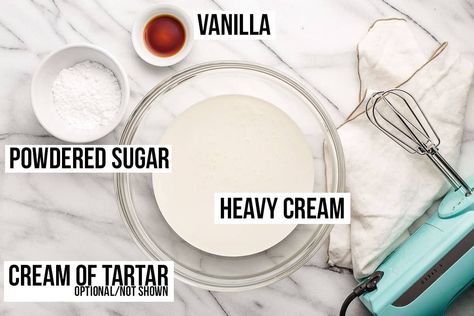 Stabilized Whipped Cream With Cream Of Tartar, Whipped Cream With Milk, Cream Of Tartar Recipe, Stable Whipped Cream, Wipped Cream, Homemade Cool Whip, Perfect Whipped Cream, Peanut Butter Whipped Cream, Homemade Whipped Cream Recipe