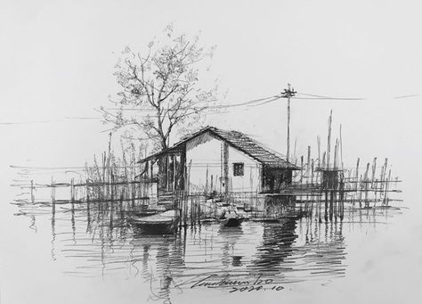 Japanese Ink Landscape, Ocean Ink Drawing, Landscape Pen Drawing, Landscape Sketch Pencil, House Sketch Architecture, Pen Sketch Ideas, Pencil Landscape, Landscape Sketches, Landscape Pencil Drawings