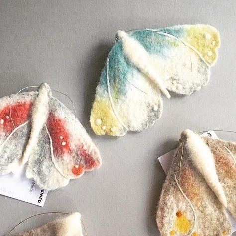 Moth brooches - needle and wet felting combined - for sale now #moth #insects #nature #natureinspired #felting #needlefelting #wetfelting #wool #design #ooak #brooch #jewelry #gift #xmasgift #sale #cambridge #cambridgeuk #ukartists #uk #handmade #design Felted Butterfly, Needle Felted Butterfly, Felted Moth, Butterfly Needle Felting, Needle Felted Insects, Wet Felting, Xmas Gifts, Moth, Needle Felting