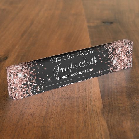 Girly Sparkly Rose Gold Glitter Black Desk Name Plate Resin Name Plate For Office, Resin Desk Name Plate, Diy Resin Phone Case, Rose Gold Business Card, Office Name Plate, Personalised Number Plates, Personalized Desk Name Plate, Personalized Desk, Desk Name Plate