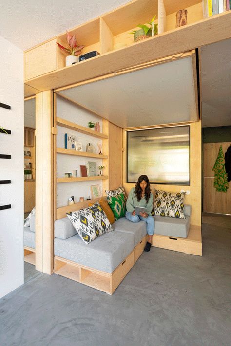 Japanese-Inspired, LEGO-Like Prefab Apartments Rethink How We Live Architectural References, Traditional Japanese Home, Japanese Apartment, Compact Living, Apartment Complexes, Tiny Apartment, Modular Furniture, Prefab Homes, Lounge Areas