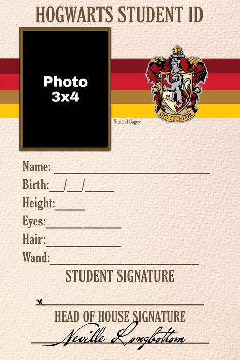 Harry Potter, Gryffindor Hogwarts Student Id, Hogwarts Yearbook, Gryffindor Uniform, Hogwarts Student, Harry Potter Printables, Student Id, Potter Aesthetic, Neville Longbottom, Fred And George Weasley