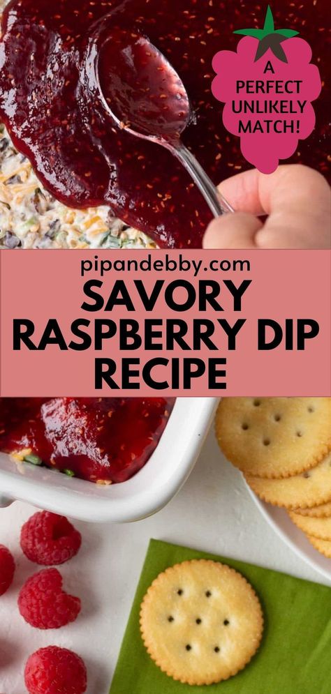 Collage of overhead shot of baking dish full of savory raspberry dip at top and overhead shot of raspberry dip with crackers at bottom. Raspberry Dip, Please Trust Me, Pretzel Thins, Slow Cooker Appetizers, Layered Taco Dip, Club Crackers, Fruit Appetizers, Delicious Dips Recipes, Raspberry Recipes