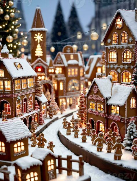 Christmas Village Gingerbread, Gingerbread House Big, Gingerbread Village Ideas, Ginger Bread Village, Gingerbread Village Display, Gingerbread House Aesthetic, Snowy Bridge, Gingerbread City, Gingerbread Mansion