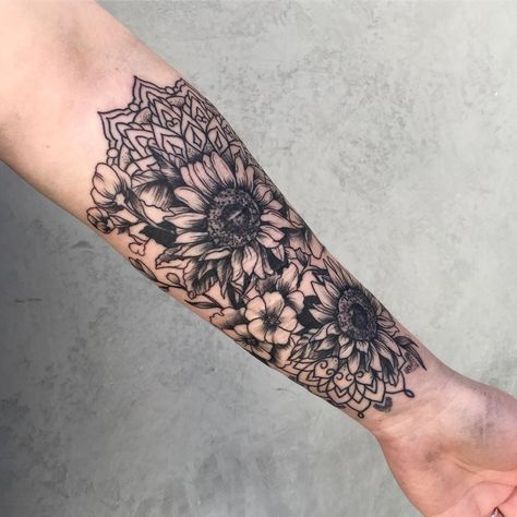 Tattoo uploaded by Justine Morrow • Sunflowers and mandalas tattoo by Xin_inscu #xin_inscu #selfharmscarcoveruptattoo #coveruptattoo #scarcoveruptattoo #scarcoverup #coverup #mandala #sunflowers #floral #flowers #pattern #ornamental • 925784 • Tattoodo Sunflower Mandala Tattoo, Rose Tattoo On Hip, Sunflower Tattoo Ideas, Forearm Cover Up Tattoos, Cover Up Tattoos For Women, Best Cover Up Tattoos, Scar Cover Up, Scar Tattoo, Tattoo Ideas For Men