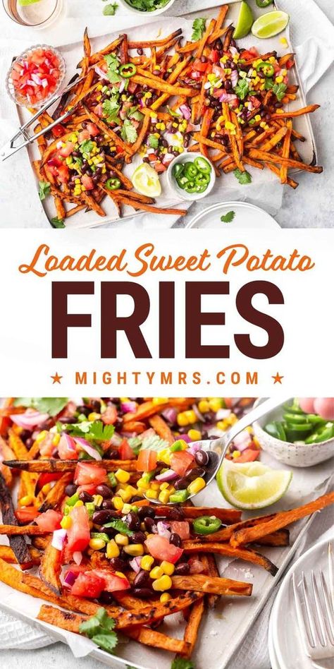 Sweet potato fries are loaded with healthy Mexican-inspired toppings creating a vegetarian appetizer that's delicious and packed with vitamins too. Sweet and salty baked sweet potatoes combined with cool, fresh, and toppings is like a party in your mouth. Perfect fall football food or serve as an apetizer year-round. This dish is easy to prep and feeds a crowd. Made with frozen sweet potato fries to save time or make your own. The ulitmate healthy party food! Fall Football Food, Loaded Sweet Potato Fries, Mexican Sweet Potato, Mexican Sweet Potatoes, Gluten Free Party Food, Frozen Sweet Potato Fries, Vegetarian Appetizer, Baked Sweet Potatoes, Healthy Party Food