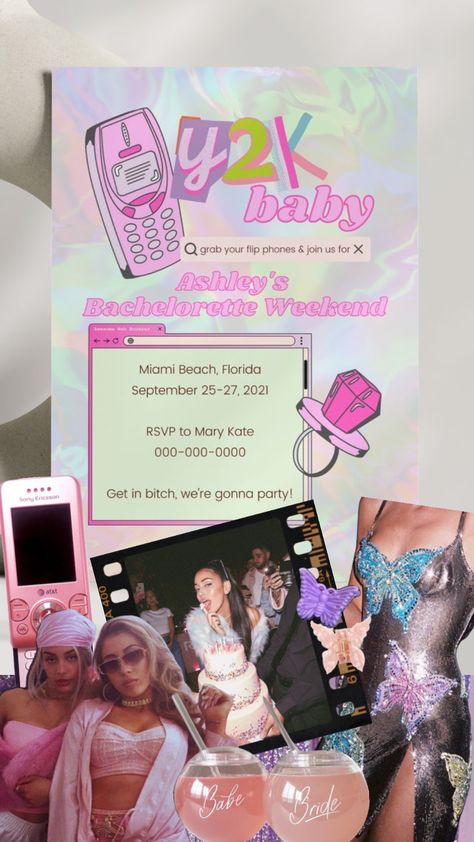 Y2k Hens Party, Y2k Theme Decorations, Y2k Theme Bachelorette, Bachelorette Party Y2k, Early 2000s Bachelorette Theme, Y2k Party Invite, Y2k Invitation Template, Y2k Birthday Invitations, Y2k Bachelorette Party Theme