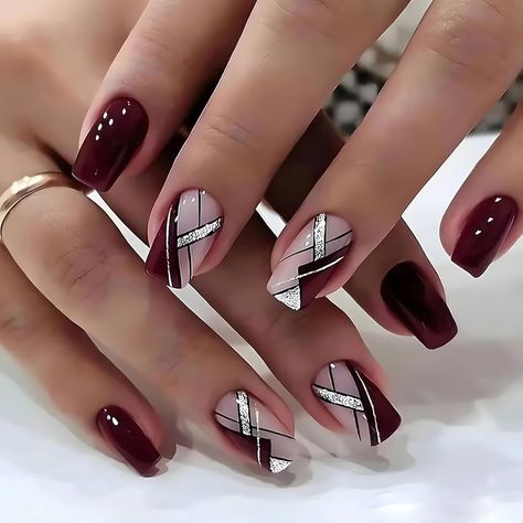 Amazon.com: LPOODDNU Square Press on Nails French Fake Nails Wine Red Glitter Lines Medium Glue on Nails with Designs Full Cover False Nails Cute Stick on Nails, 24pcs : Industrial & Scientific Design Floral Moderne, Plaid Nail Designs, Geometric Nail Art, Graduation Nails, Plaid Nails, Nails Now, Smink Inspiration, Geometric Nail, Fall Nail Art