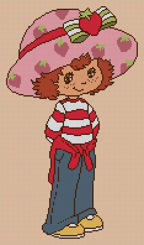 Strawberry Shortcake Alpha Pattern, Cottagecore Cartoon, Crochet Cottagecore, Pixel Grid, Berry Shortcake, C2c Graph, Cross Stitch Sampler Patterns, Graph Patterns, Graph Crochet