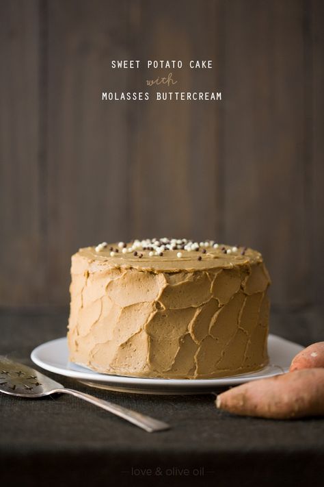 Sweet Potato Layer Cake with Molasses Buttercream via Love & Olive Oil Sweet Potato Spice Cake, Sweet Potatoes Cake Recipe, Sweet Potato Cake Vegan, Molasses Buttercream, Sweet Potato Cake With Marshmallow Frosting, Women's Day Cake, Molasses Butter, Cheryl Day Sweet Potato Cupcakes, Espresso Macarons