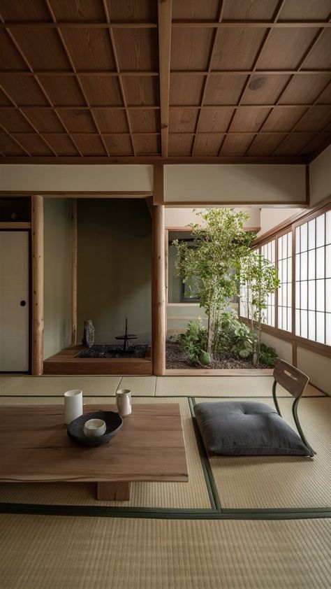 Japanese Meditation Space, Japanese Wood Interior Design, Zen Garden Inside House, Rustic Japanese Interior, Japanese Indoor Design, Zen Garden Interior, Japanese Wood Interior, Tatami Mat Living Room, Japanese Zen Living Room