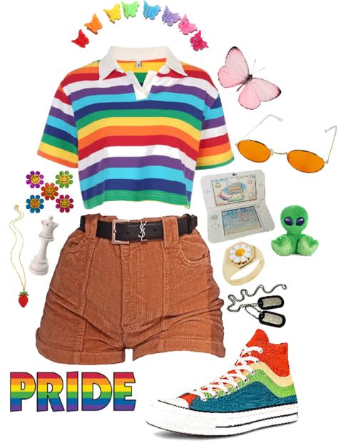 Happy Pride :) Outfit | ShopLook Aesthetic Rainbow Outfits, Outfits To Wear To Pride Parade, Simple Pride Outfit Ideas, Lgbtq Pride Outfit Ideas, Gaycore Outfits, Pride Clothes Aesthetic, Rainbow Core Aesthetic Outfit, Casual Kidcore Outfits, Rainbow Inspired Outfits