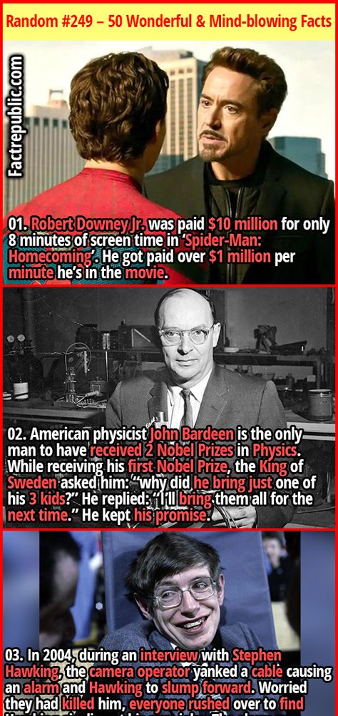 01. Robert Downey Jr. was paid $10 million for only 8 minutes of screen time in ‘Spider-Man: Homecoming’. He got paid over $1 million per minute he’s in the movie. #actor #movies #films #hollywood #stephenhawking #honor #nobelprize #king #sweden #didyouknow #interesting #marvel #ironman #spiderman Funny Facts Mind Blowing, Science Facts Mind Blown, Fun Facts Mind Blown, Wierd Facts, Ironman Spiderman, Youtube Facts, Fact Republic, Fun Facts About Life, Spider Man Homecoming