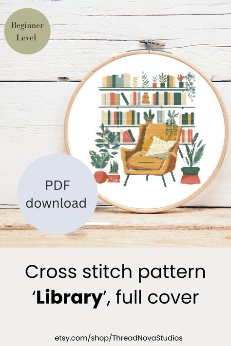 Library Cross Stitch, Pattern Library, Handmade Charms, Handmade Decorations, Book Lover, Embroidery Art, Creative Inspiration, Cross Stitch Pattern, Stitch Pattern