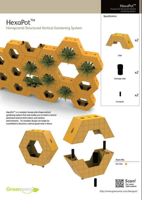 HexaPot -- not only a vertical living wall, but also a hydroponics system and green fence too! Hydroponic Wall, Hydroponic Garden, Detail Arsitektur, Hydroponic Systems, Green Fence, Vertical Vegetable Garden, Aquaponic Gardening, Green Facade, Vertical Garden Wall