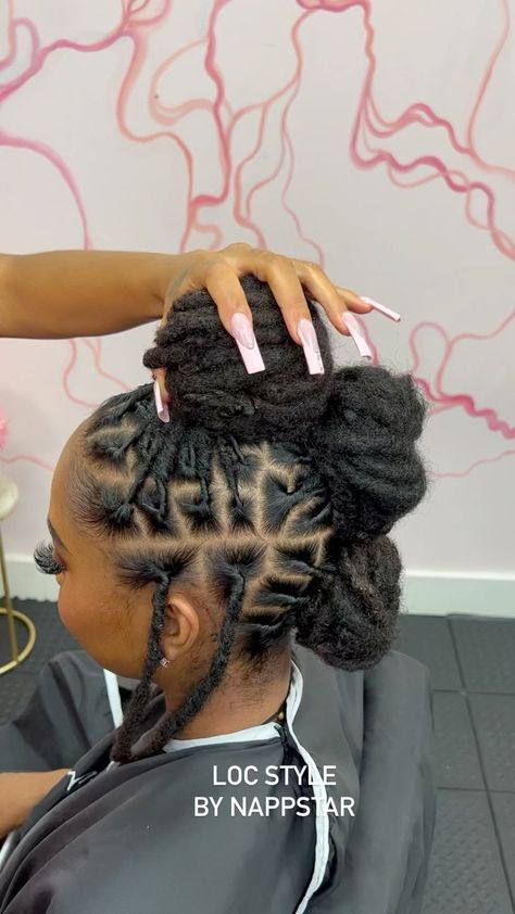 Women’s Updo Loc Styles, Loc Styles Two Ponytails, Mohawk With Locs Black Women, Wedding Locs Hairstyles For Women, Bday Loc Styles, Loc Style Long Hair, Dreads Styles For Women Ponytail, Exotic Loc Styles, Long Loc Updo Styles Women