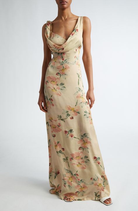 TOTEME Floral Print Twist Drape Maxi Dress | Nordstrom Floral Satin Dress, Floral Bridesmaid Dresses, Fall Bridesmaid Dresses, Drape Maxi Dress, Floral Gown, Embroidered Maxi Dress, Maxi Dress Formal, Satin Maxi Dress, Wedding Fashion