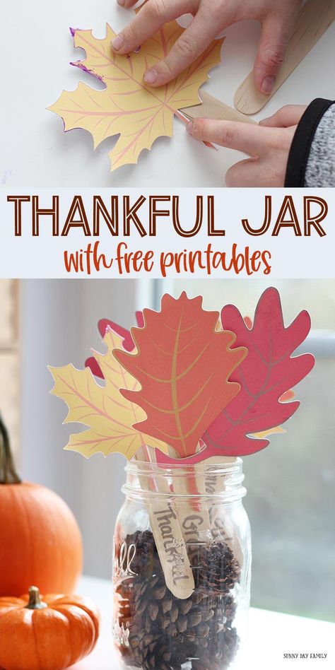 Kids can make this easy Thankful Jar for Thanksgiving! Super cute kid made Thanksgiving decoration or a perfect gratitude jar for the whole family. Encourage gratitude with this thankful jar craft. #thankful #Thanksgiving #Thanksgivingcrafts #gratitude #thankfulness Thanksgiving Craft Gifts For Parents, Thankful Jars Diy, Thankful For Thanksgiving Ideas, Thanksgiving Jar Ideas, Preschool Gratitude Craft, Thankful Jars For Kids, Gratitude Party Theme, Thanksgiving Enrichment Activities, Thankful Jar Ideas