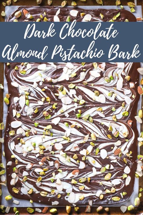 Crunchy, creamy and salty, sweet, this easy Swirled Dark Chocolate Almond Pistachio Bark recipe is a great last minute candy idea for a party or for gifting! #chocolatebark #pistachios #foodgifts Pistachio Chocolate Bark, Dark Chocolate Almond Bark, Pistachio Bark, Almond Bark Recipes, Easy Candy Recipes, Dark Chocolate Candy, White Chocolate Candy, Candy Bark, Dark Chocolate Almonds