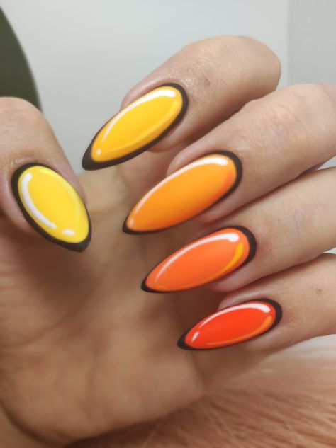 Red Yellow And White Nails, Orange Cartoon Nails, Red Orange And Yellow Nails, Yellow Red Nails, Red And Yellow Nail Designs, Orange Yellow Nails, Bright Orange Nails, Nails Unique, 2d Cartoon